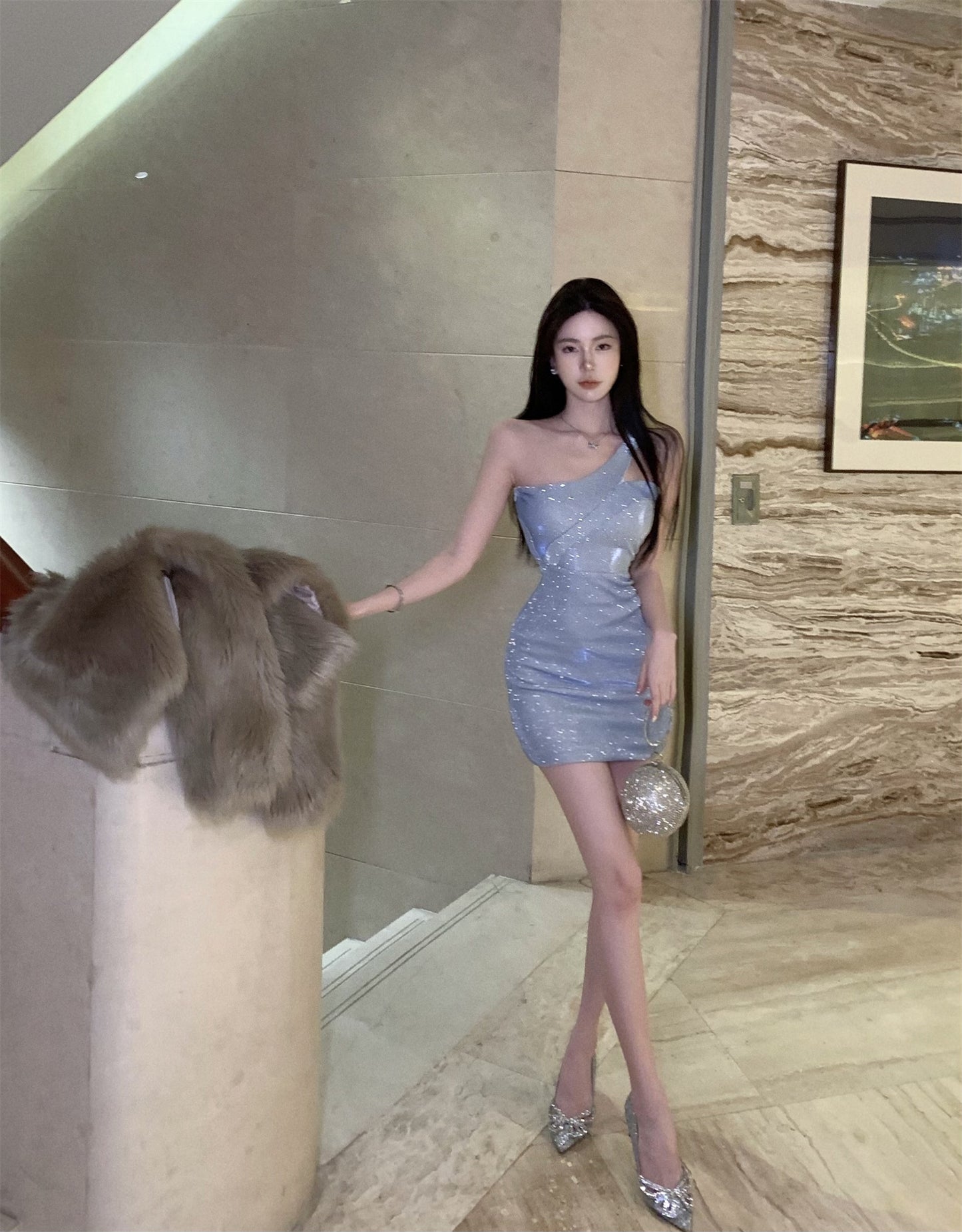 Graceful Glittery Light Blue One-Shoulder Bodycon Mini Dress Asymmetric Cut Ruched Sheath Short Dress AP1748