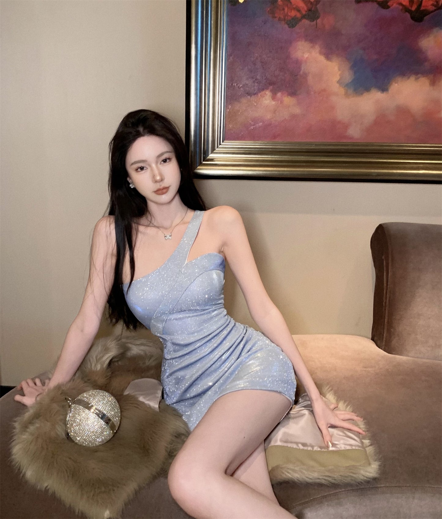 Graceful Glittery Light Blue One-Shoulder Bodycon Mini Dress Asymmetric Cut Ruched Sheath Short Dress AP1748