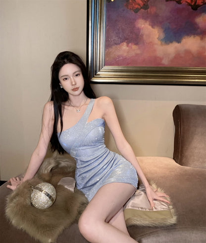 Graceful Glittery Light Blue One-Shoulder Bodycon Mini Dress Asymmetric Cut Ruched Sheath Short Dress AP1748