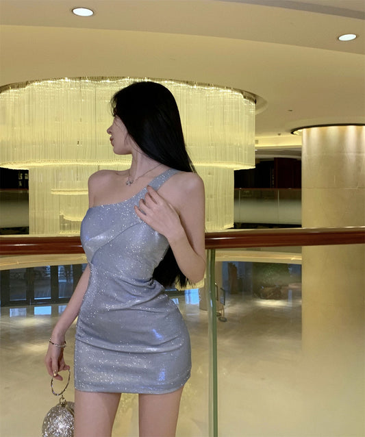 Graceful Glittery Light Blue One-Shoulder Bodycon Mini Dress Asymmetric Cut Ruched Sheath Short Dress AP1748