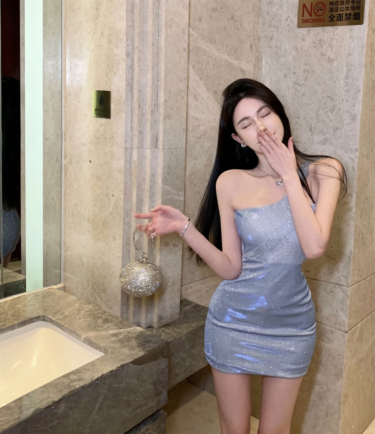 Graceful Glittery Light Blue One-Shoulder Bodycon Mini Dress Asymmetric Cut Ruched Sheath Short Dress AP1748