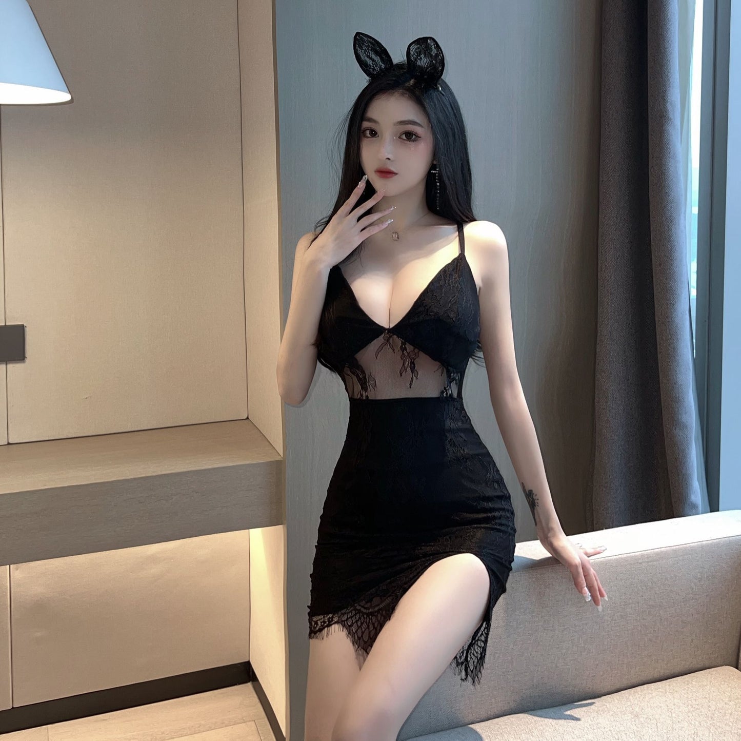 Alluring Sheer Lace Trimmed Cutout Spaghetti Strap Mini Skirt Vogue Mesh Asymmetric Hem Black Sheath Short Dress AP1749