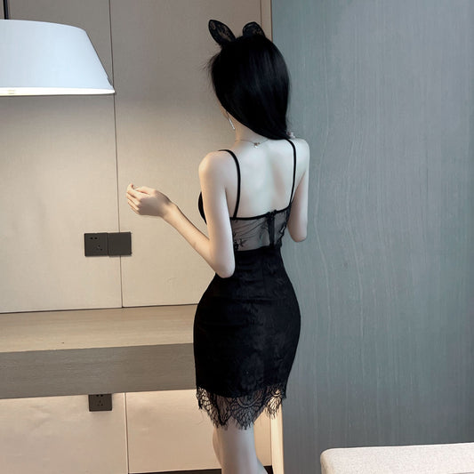 Alluring Sheer Lace Trimmed Cutout Spaghetti Strap Mini Skirt Vogue Mesh Asymmetric Hem Black Sheath Short Dress AP1749