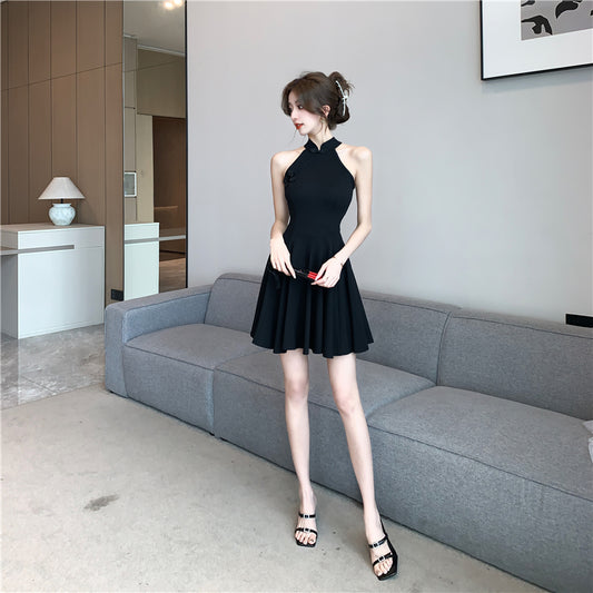 Elegant Black A-Line Zipper Back Date Night Mini Skirt Vogue Cinched-Waist Ruched Halter Short Dress AP1750