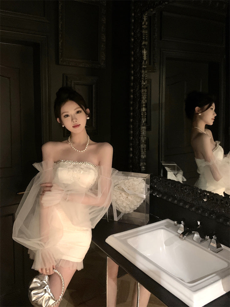 Graceful Beaded Trimmed Strapless Ivory Mini Dress Glamorous Lace Hem Textured Applique Sheath Short Dress AP1751