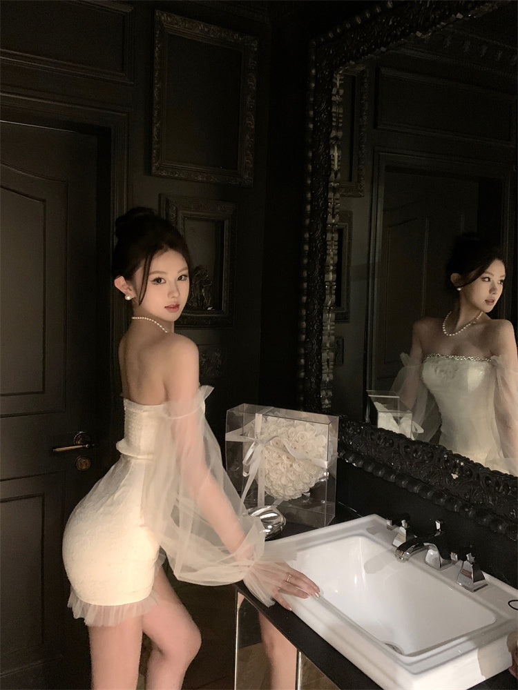 Graceful Beaded Trimmed Strapless Ivory Mini Dress Glamorous Lace Hem Textured Applique Sheath Short Dress AP1751