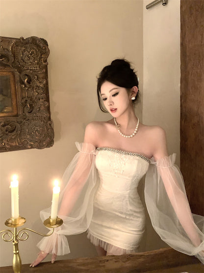 Graceful Beaded Trimmed Strapless Ivory Mini Dress Glamorous Lace Hem Textured Applique Sheath Short Dress AP1751