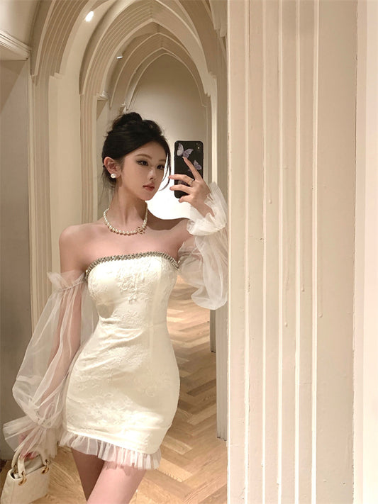 Graceful Beaded Trimmed Strapless Ivory Mini Dress Glamorous Lace Hem Textured Applique Sheath Short Dress AP1751