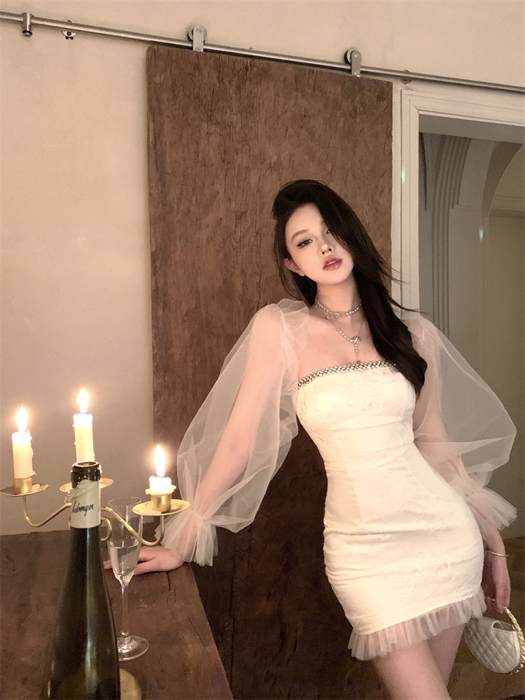 Graceful Beaded Trimmed Strapless Ivory Mini Dress Glamorous Lace Hem Textured Applique Sheath Short Dress AP1751