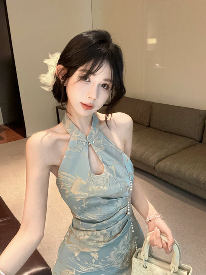 Opulent Light Blue Jacquard Mandarin Collar Mini Skirt Vintage Pearl Trim Keyhole Bodycon Backless Halter Short Dress AP1752