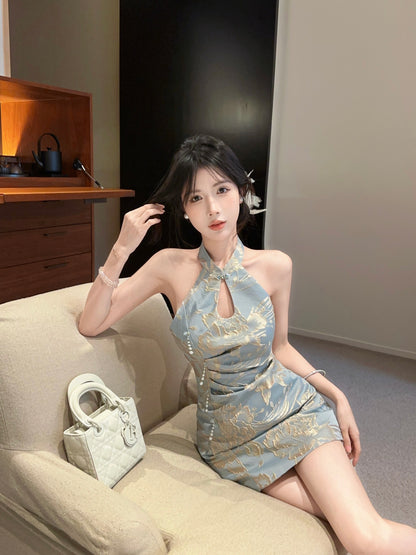 Opulent Light Blue Jacquard Mandarin Collar Mini Skirt Vintage Pearl Trim Keyhole Bodycon Backless Halter Short Dress AP1752