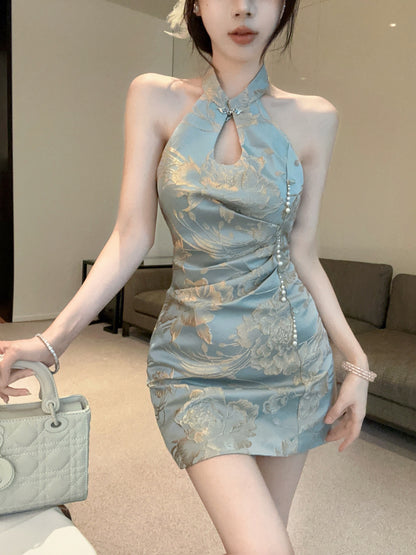 Opulent Light Blue Jacquard Mandarin Collar Mini Skirt Vintage Pearl Trim Keyhole Bodycon Backless Halter Short Dress AP1752
