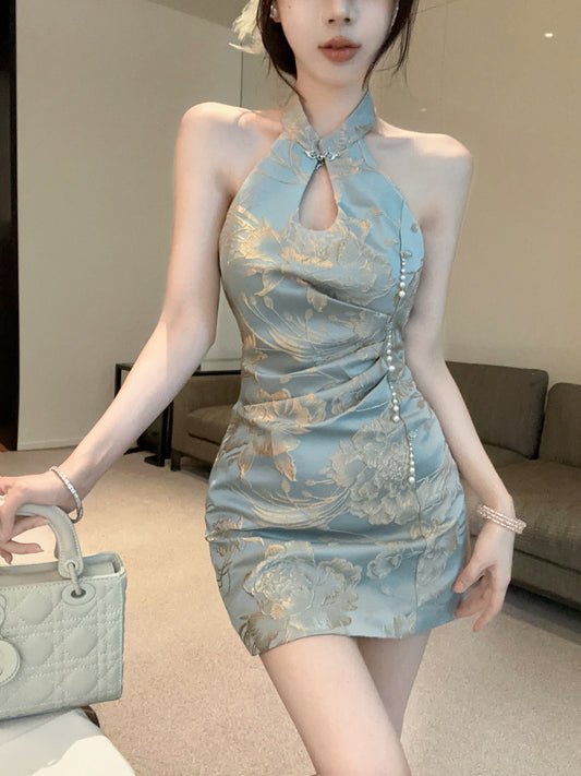 Opulent Light Blue Jacquard Mandarin Collar Mini Skirt Vintage Pearl Trim Keyhole Bodycon Backless Halter Short Dress AP1752
