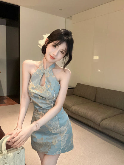 Opulent Light Blue Jacquard Mandarin Collar Mini Skirt Vintage Pearl Trim Keyhole Bodycon Backless Halter Short Dress AP1752