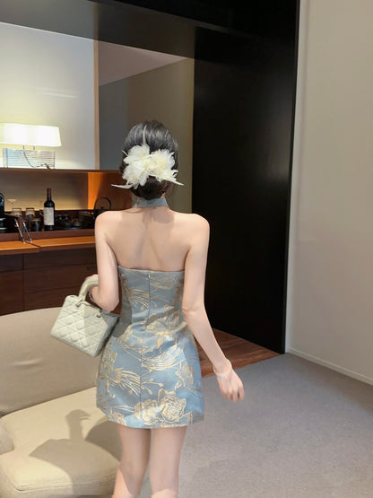 Opulent Light Blue Jacquard Mandarin Collar Mini Skirt Vintage Pearl Trim Keyhole Bodycon Backless Halter Short Dress AP1752