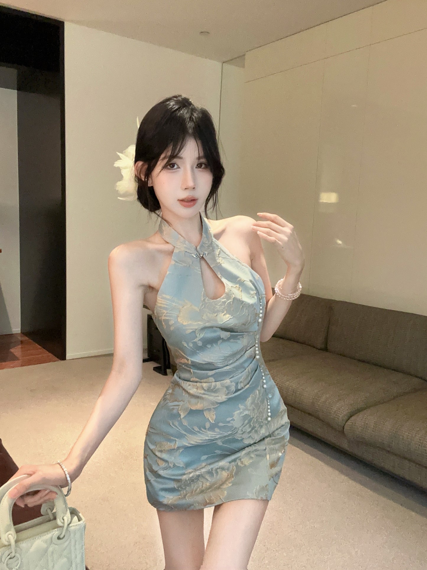 Opulent Light Blue Jacquard Mandarin Collar Mini Skirt Vintage Pearl Trim Keyhole Bodycon Backless Halter Short Dress AP1752