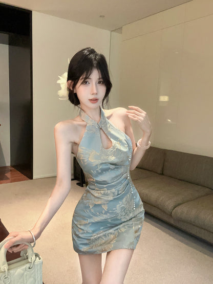 Opulent Light Blue Jacquard Mandarin Collar Mini Skirt Vintage Pearl Trim Keyhole Bodycon Backless Halter Short Dress AP1752