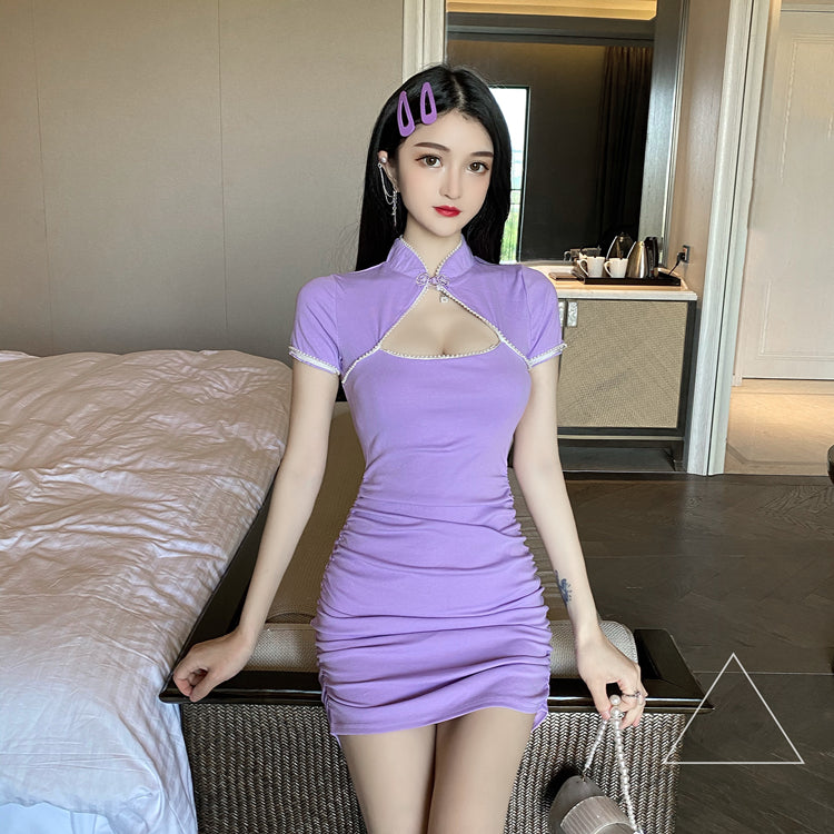 Figure-Flattering Purple Keyhole Neck Mini Skirt Vintage Short Sleeves Pearl-Trimmed Halter Short Dress AP1753
