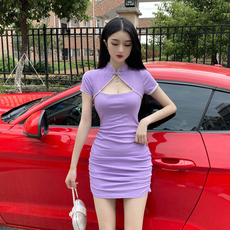 Figure-Flattering Purple Keyhole Neck Mini Skirt Vintage Short Sleeves Pearl-Trimmed Halter Short Dress AP1753