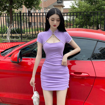 Figure-Flattering Purple Keyhole Neck Mini Skirt Vintage Short Sleeves Pearl-Trimmed Halter Short Dress AP1753