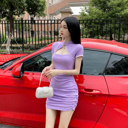 Figure-Flattering Purple Keyhole Neck Mini Skirt Vintage Short Sleeves Pearl-Trimmed Halter Short Dress AP1753