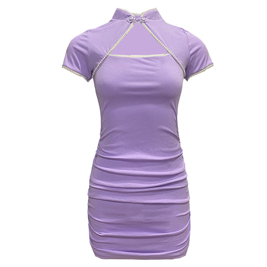 Figure-Flattering Purple Keyhole Neck Mini Skirt Vintage Short Sleeves Pearl-Trimmed Halter Short Dress AP1753