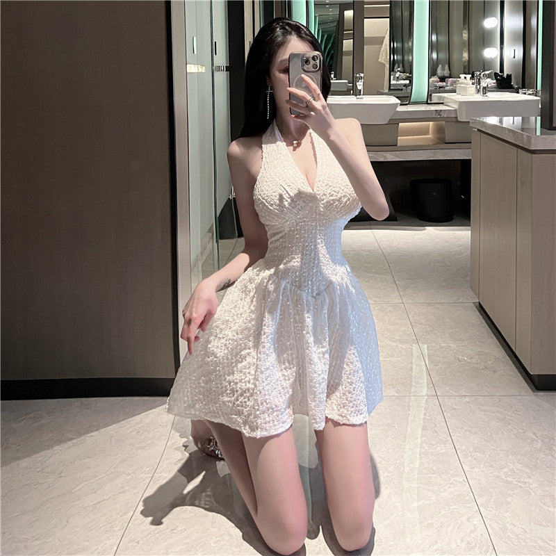 Glamorous White Sequin Tweed Open Back Mini Skirt Cute Nightclubs Open Back A-Line Halter Short Dress AP1754