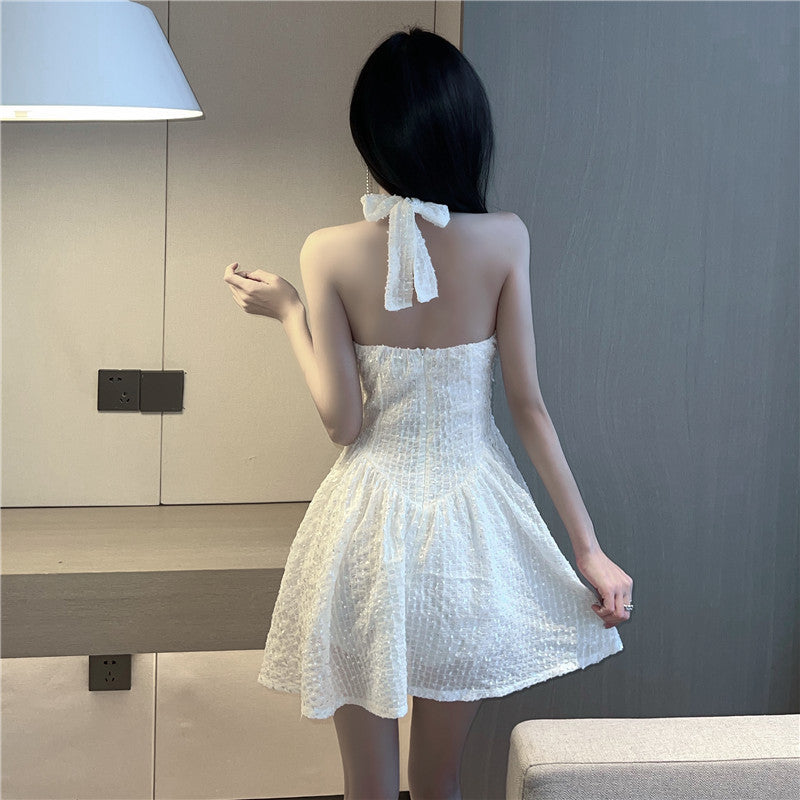 Glamorous White Sequin Tweed Open Back Mini Skirt Cute Nightclubs Open Back A-Line Halter Short Dress AP1754