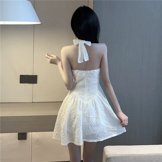 Glamorous White Sequin Tweed Open Back Mini Skirt Cute Nightclubs Open Back A-Line Halter Short Dress AP1754