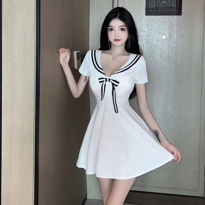 Elegant White Sailor Collar Bodycon Black Stripe Trim Mini Skirt Gorgeous Evening Parties A-Line Short Sleeve Short Dress AP1755