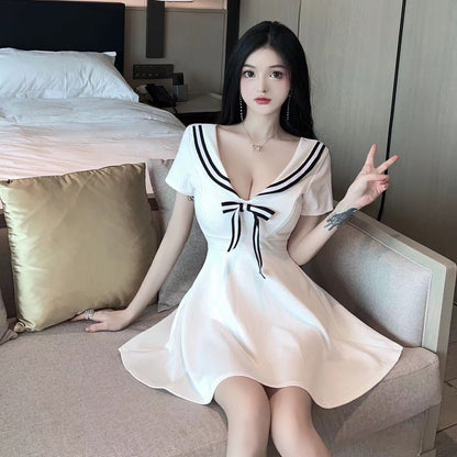 Elegant White Sailor Collar Bodycon Black Stripe Trim Mini Skirt Gorgeous Evening Parties A-Line Short Sleeve Short Dress AP1755
