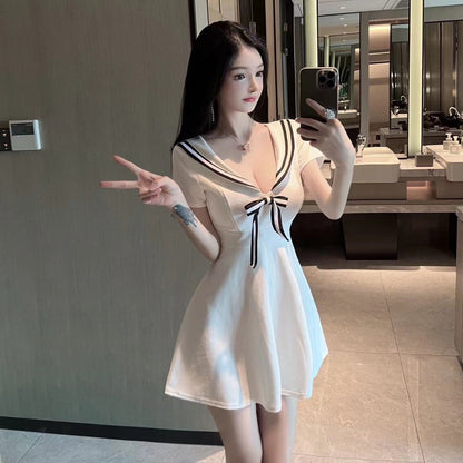 Elegant White Sailor Collar Bodycon Black Stripe Trim Mini Skirt Gorgeous Evening Parties A-Line Short Sleeve Short Dress AP1755