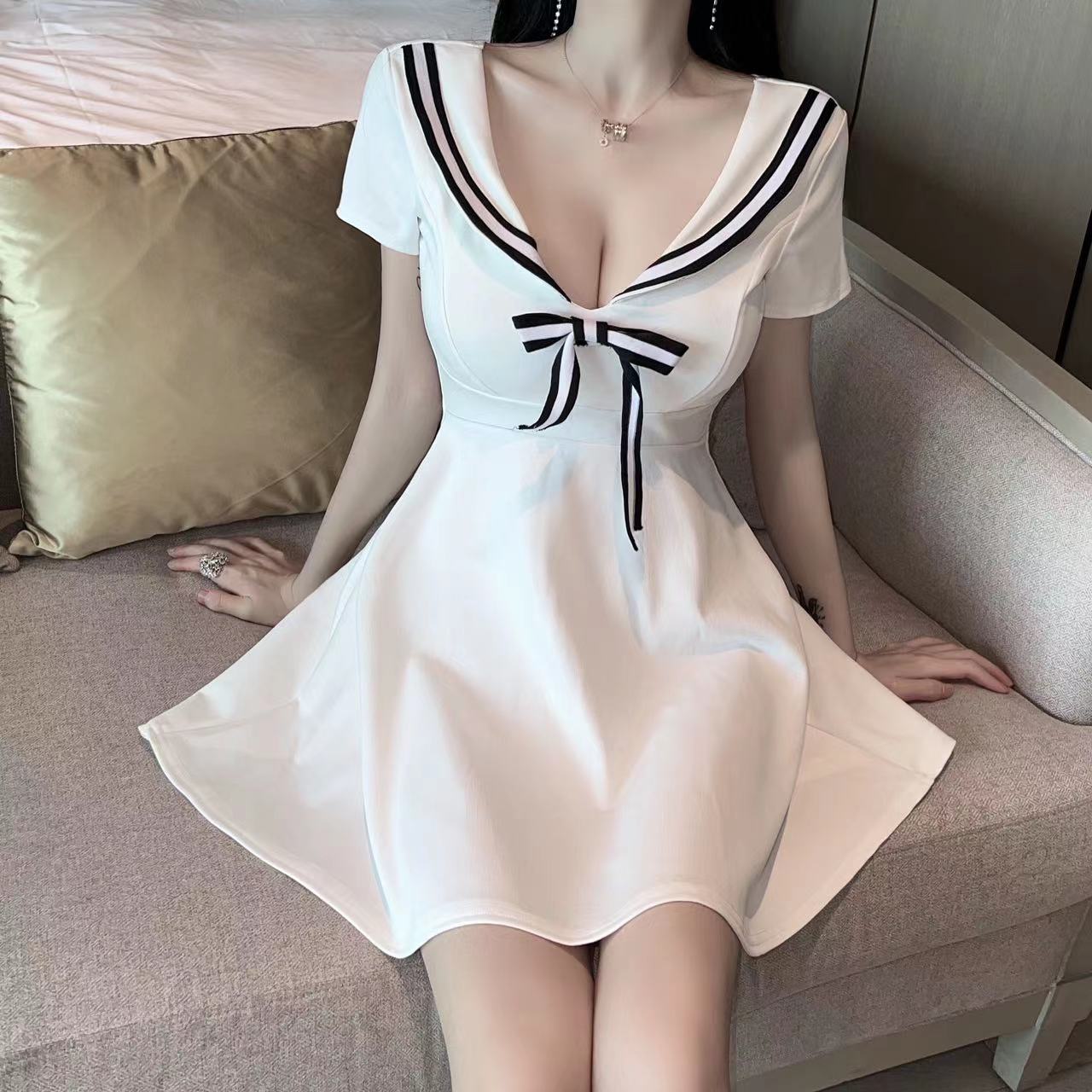 Elegant White Sailor Collar Bodycon Black Stripe Trim Mini Skirt Gorgeous Evening Parties A-Line Short Sleeve Short Dress AP1755