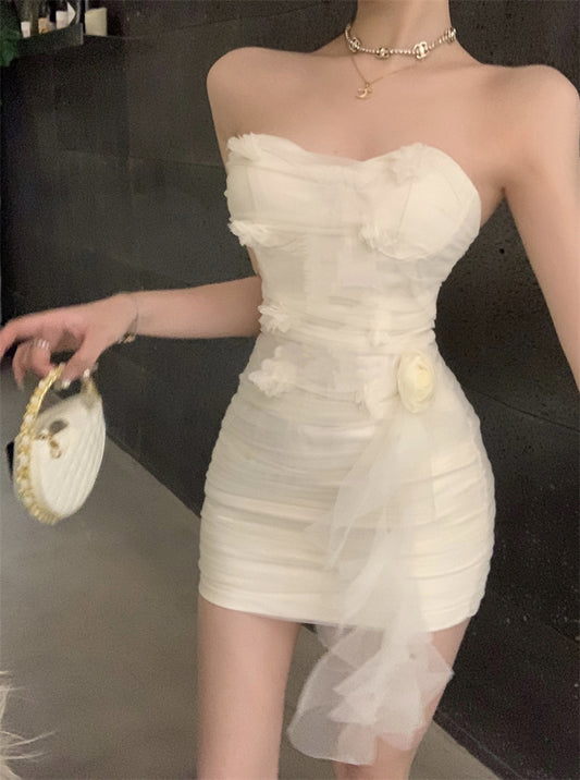 Chic Sheath 3D Floral Accent Sheer Tulle Overlay Mini Dress Ethereal Bodycon Zipper Back Strapless  Short Dress AP1756