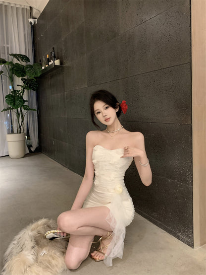 Chic Sheath 3D Floral Accent Sheer Tulle Overlay Mini Dress Ethereal Bodycon Zipper Back Strapless  Short Dress AP1756