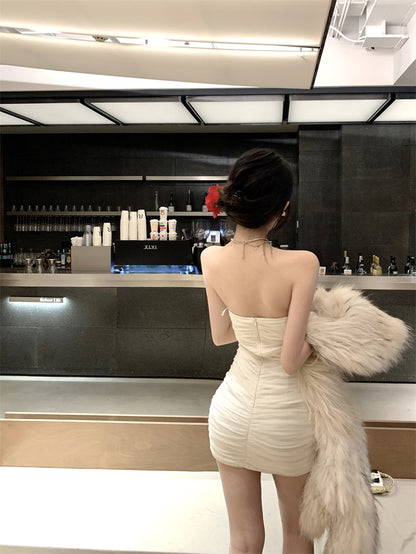 Chic Sheath 3D Floral Accent Sheer Tulle Overlay Mini Dress Ethereal Bodycon Zipper Back Strapless  Short Dress AP1756