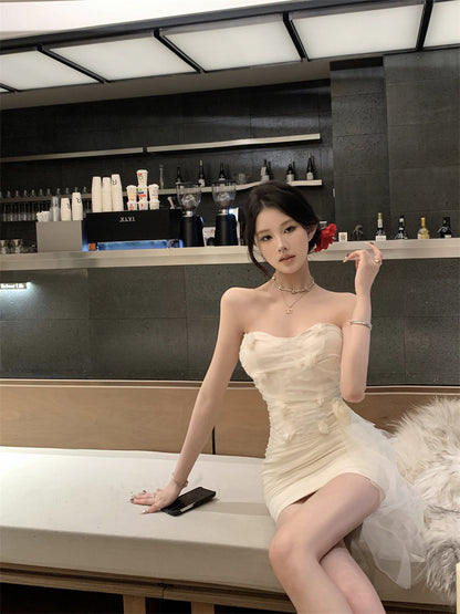 Chic Sheath 3D Floral Accent Sheer Tulle Overlay Mini Dress Ethereal Bodycon Zipper Back Strapless  Short Dress AP1756