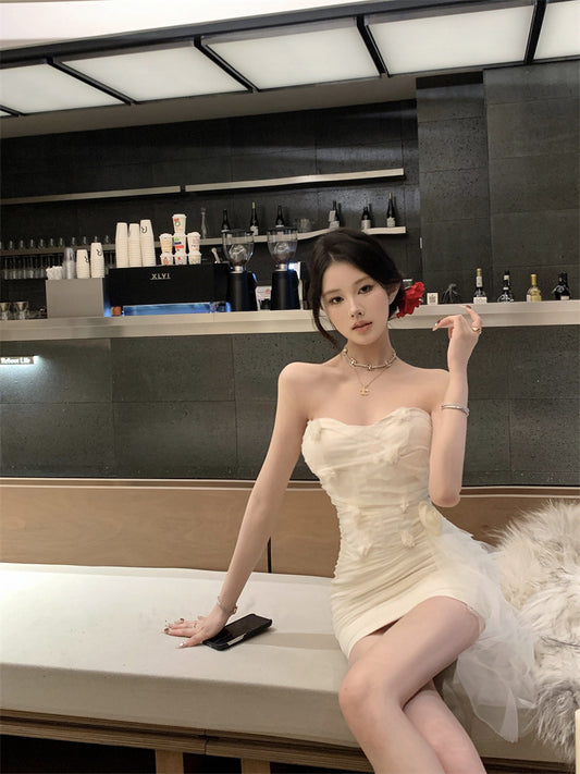 Chic Sheath 3D Floral Accent Sheer Tulle Overlay Mini Dress Ethereal Bodycon Zipper Back Strapless  Short Dress AP1756