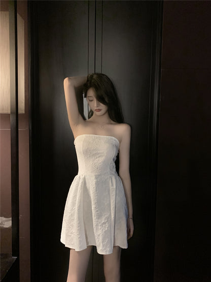 Casual Evening Parties Textured Applique Strapless Mini Dress Vintage Minimalist A-Line Cinched-Waist Short Dress AP1757