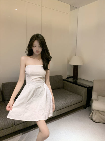 Casual Evening Parties Textured Applique Strapless Mini Dress Vintage Minimalist A-Line Cinched-Waist Short Dress AP1757