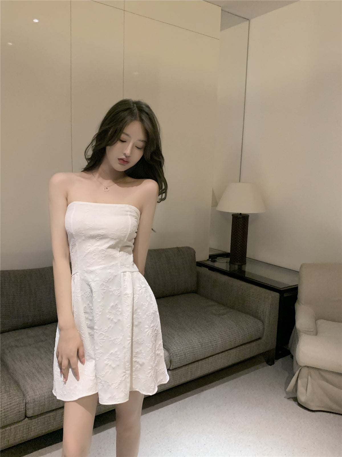 Casual Evening Parties Textured Applique Strapless Mini Dress Vintage Minimalist A-Line Cinched-Waist Short Dress AP1757