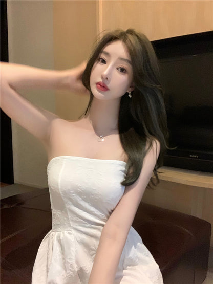 Casual Evening Parties Textured Applique Strapless Mini Dress Vintage Minimalist A-Line Cinched-Waist Short Dress AP1757