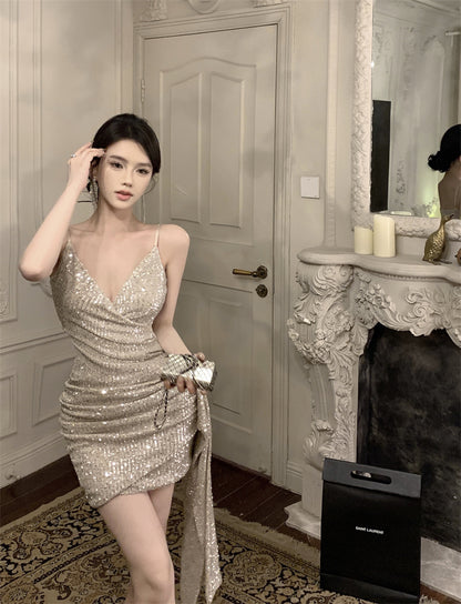 Hot Sales Asymmetric Hem Ruched Mini Dress Vogue Y2K Glittering Sequins Spaghetti Strap Short Dress AP1758