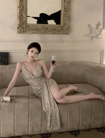 Hot Sales Asymmetric Hem Ruched Mini Dress Vogue Y2K Glittering Sequins Spaghetti Strap Short Dress AP1758