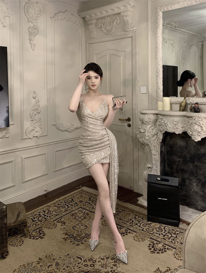 Hot Sales Asymmetric Hem Ruched Mini Dress Vogue Y2K Glittering Sequins Spaghetti Strap Short Dress AP1758