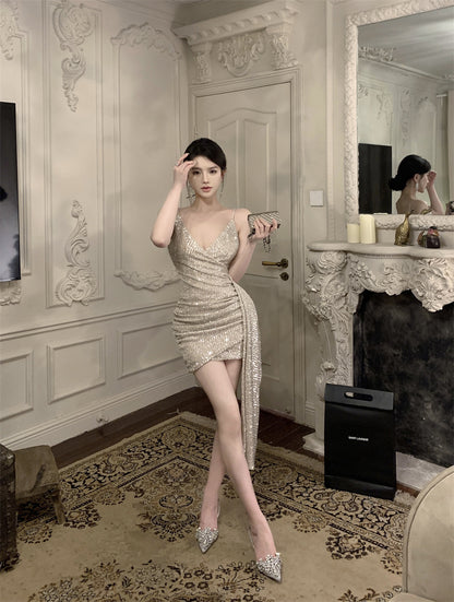 Hot Sales Asymmetric Hem Ruched Mini Dress Vogue Y2K Glittering Sequins Spaghetti Strap Short Dress AP1758