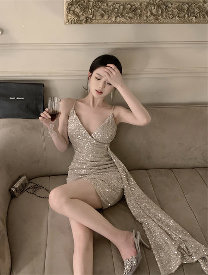 Hot Sales Asymmetric Hem Ruched Mini Dress Vogue Y2K Glittering Sequins Spaghetti Strap Short Dress AP1758
