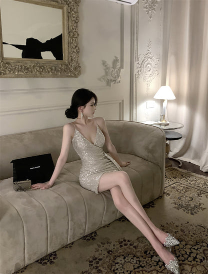 Hot Sales Asymmetric Hem Ruched Mini Dress Vogue Y2K Glittering Sequins Spaghetti Strap Short Dress AP1758