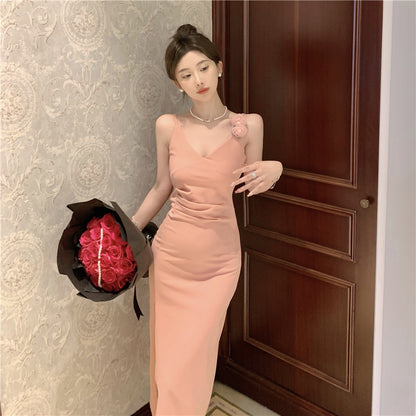 Vogue Pink High-Slit 3D Floral Design Maxi Dress Elegant Spaghetti Strap Cinched-Waist Evening Party Long Dress AP1759