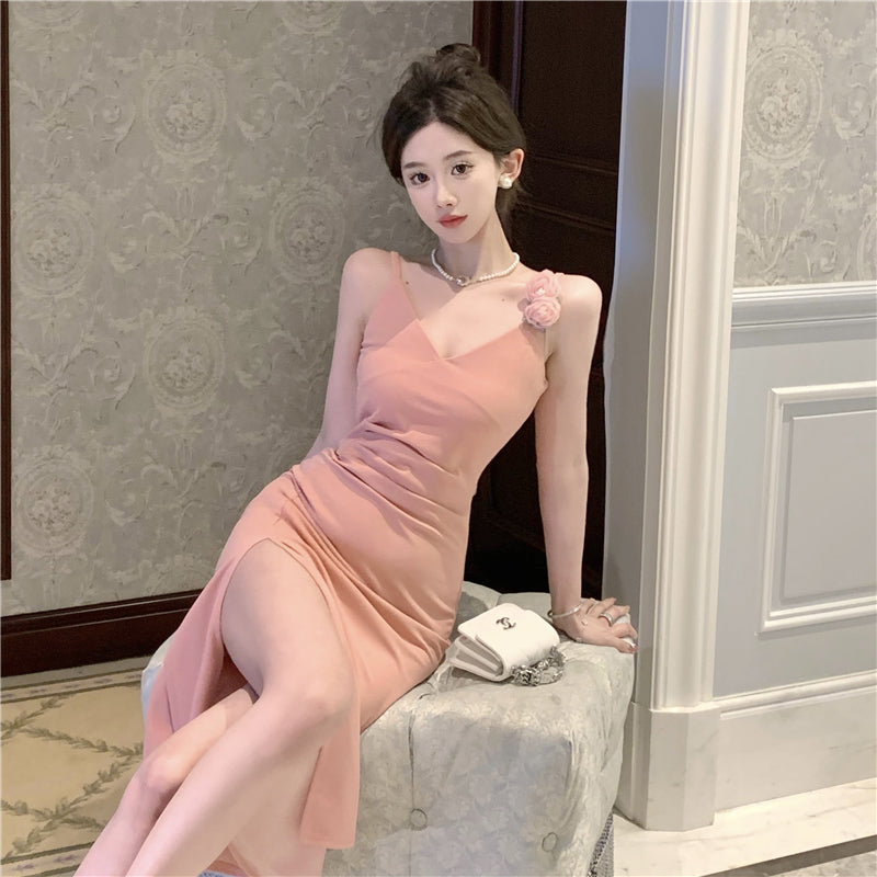 Vogue Pink High-Slit 3D Floral Design Maxi Dress Elegant Spaghetti Strap Cinched-Waist Evening Party Long Dress AP1759